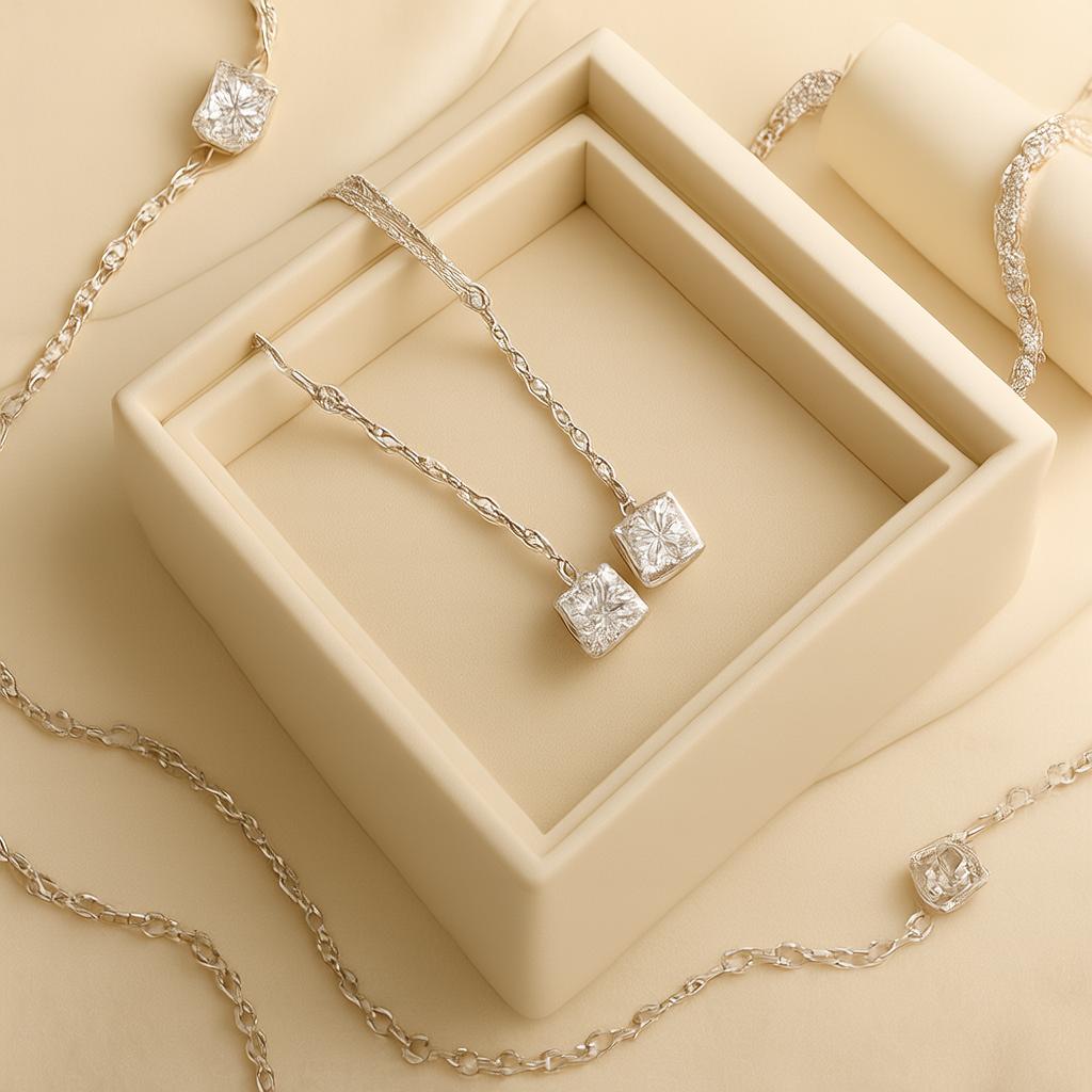Elegant silver jewelry set featuring a necklace and earrings in a luxurious box.