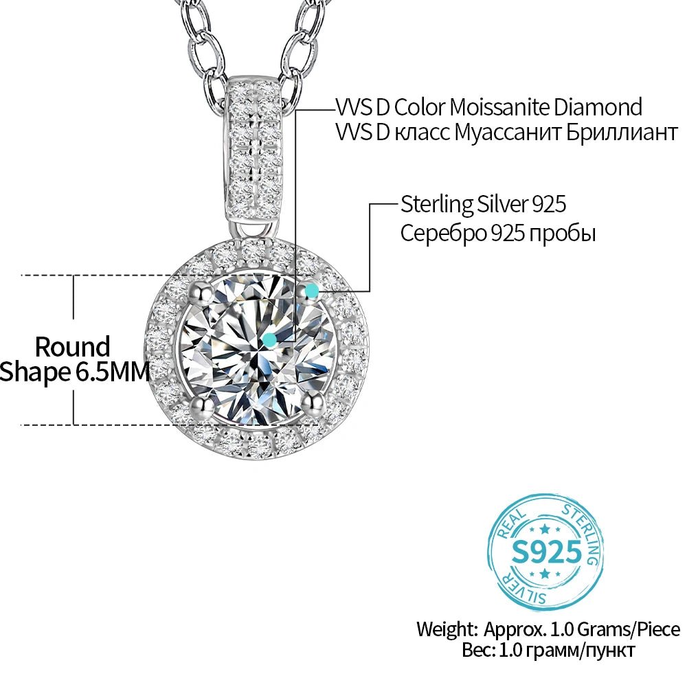 1CT D VVS1 Moissanite Pendant Necklace 925 Sterling Silver Real O - Chain Rhodium Plated GRA Certified Women - Diamond - Lab
