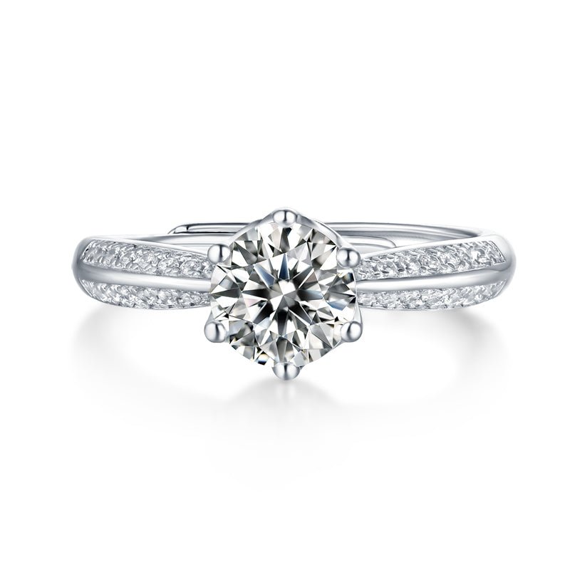 1ct moissanite wedding ring front view - round brilliant cut stone, 925 sterling silver band, US ring size