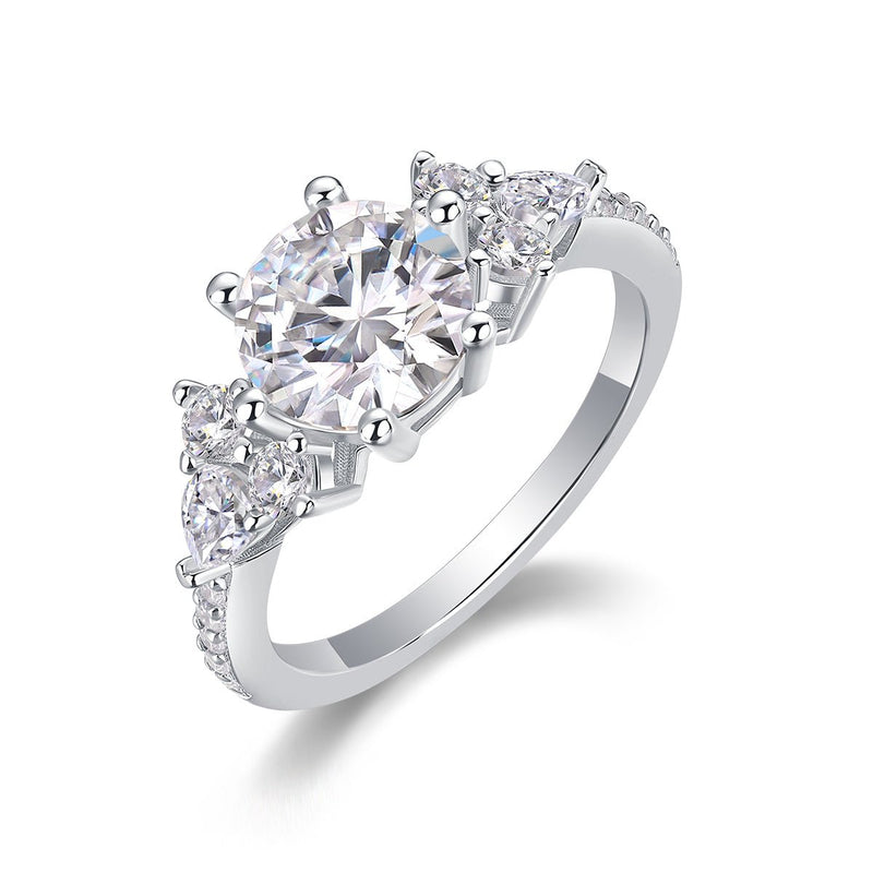 2ct moissanite ring front view - round brilliant cut stone, 925 sterling silver band, US ring size