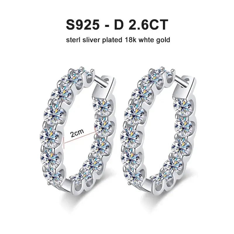 2.6CT D Color VVS1 Moissanite Hoop Earrings 925 Sterling Silver 18K White Gold Plated 26 Stones GRA Certified - Diamond - Lab