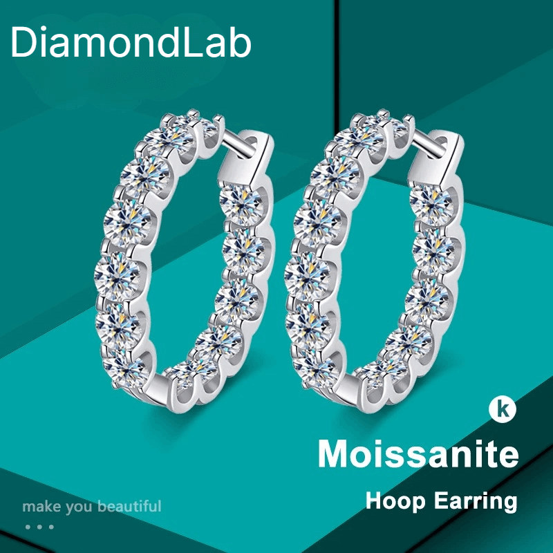 2.6CT D Color VVS1 Moissanite Hoop Earrings 925 Sterling Silver 18K White Gold Plated 26 Stones GRA Certified - Diamond - Lab