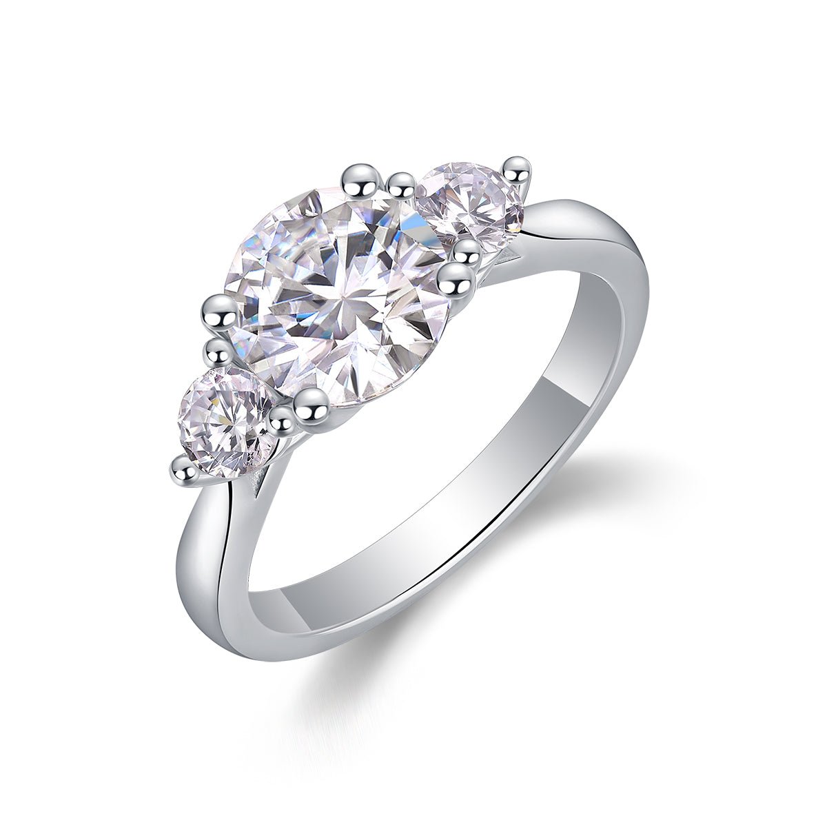 2ct moissanite three-stone ring front view - center stone with two side stones, 925 sterling silver
