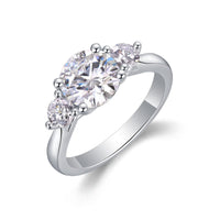 2ct moissanite three-stone ring front view - center stone with two side stones, 925 sterling silver