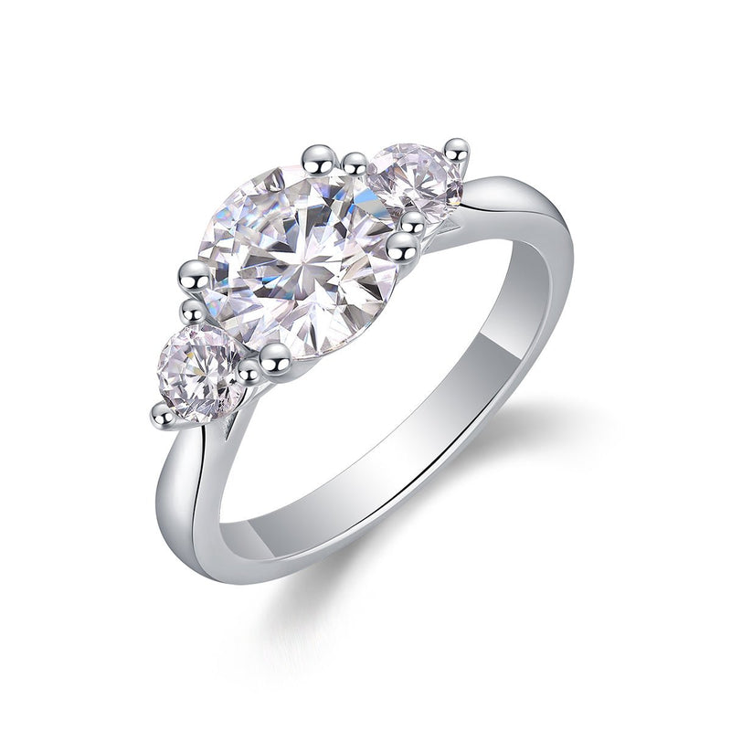 2ct moissanite three-stone ring front view - center stone with two side stones, 925 sterling silver