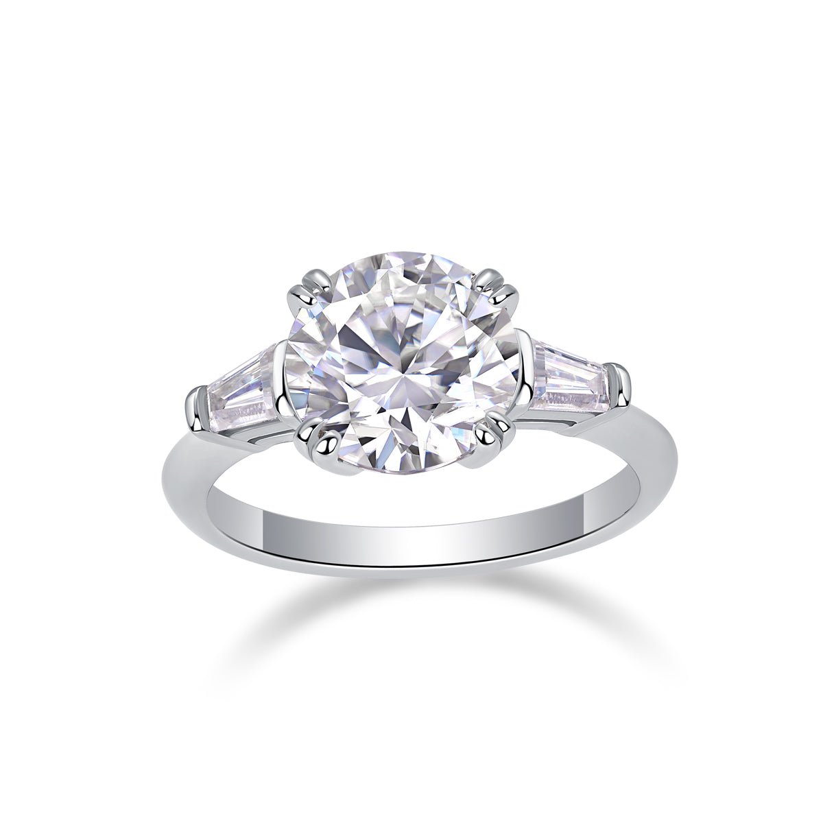 3ct moissanite ring front view - large round brilliant cut stone, platinum-plated 925 sterling silver