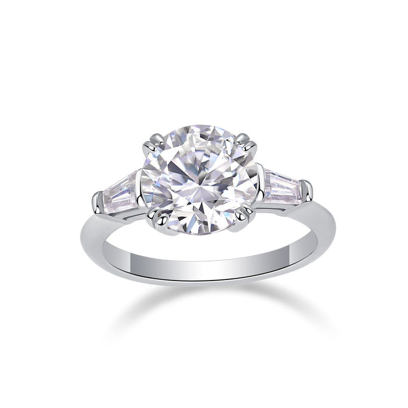 3ct moissanite ring front view - large round brilliant cut stone, platinum-plated 925 sterling silver