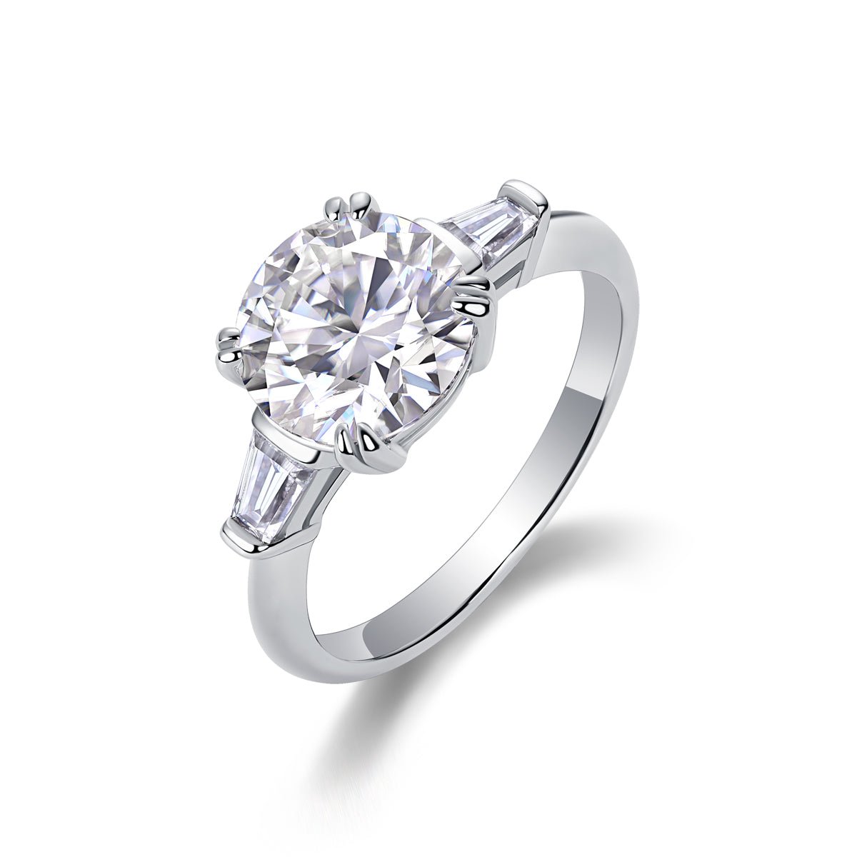 3ct moissanite ring detail shot - stone setting and band edge, platinum-plated 925 sterling silver