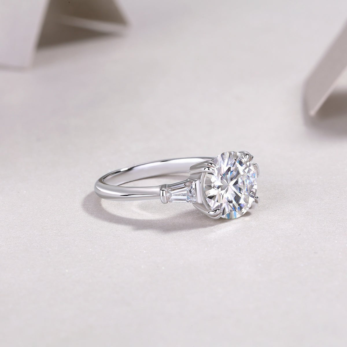 3ct moissanite ring on white background - product beauty shot, platinum-plated 925 sterling silver