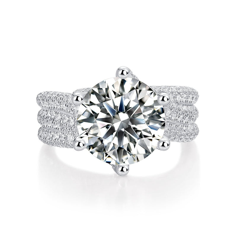 5ct moissanite ring front view - large round brilliant cut stone, 925 sterling silver band