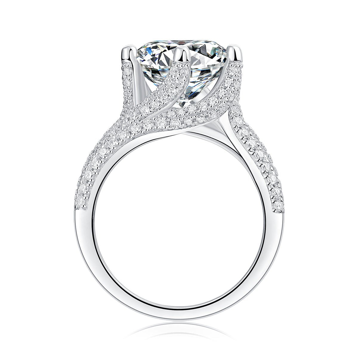 5ct moissanite ring on white background - product beauty shot, 925 sterling silver