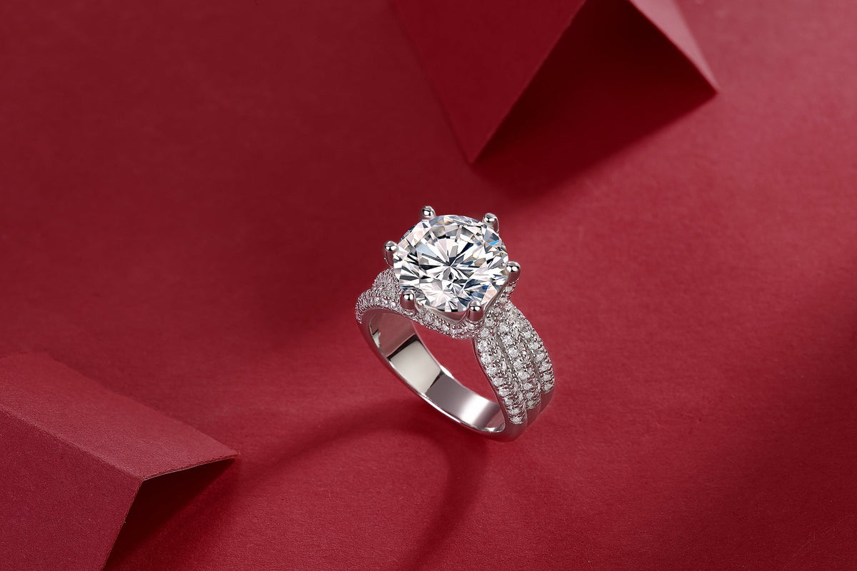 Close-up of 5ct moissanite stone in ring - brilliant cut sparkle, 925 sterling silver band