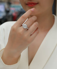 5ct moissanite halo ring side profile - showing band and halo setting, platinum-plated 925 silver