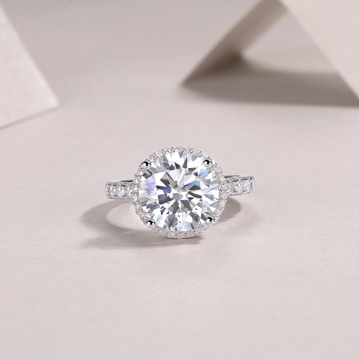 5ct moissanite halo ring additional angle - showing halo detail, platinum-plated 925 sterling silver