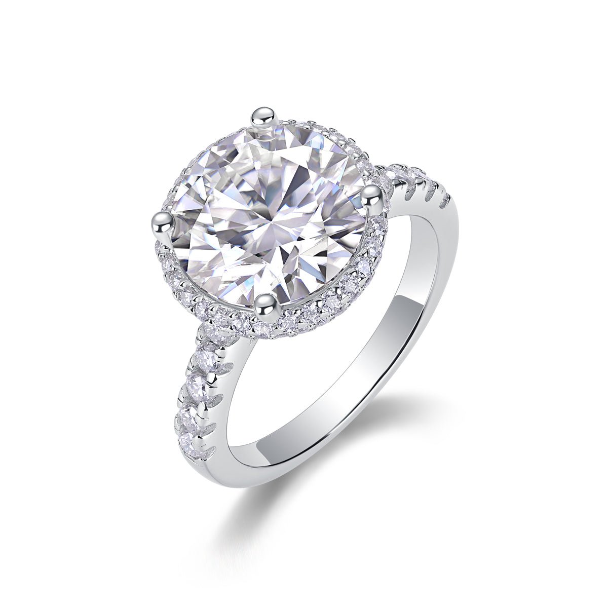 5ct moissanite halo ring front view - center stone surrounded by halo, platinum-plated 925 sterling silver
