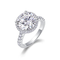 5ct moissanite halo ring front view - center stone surrounded by halo, platinum-plated 925 sterling silver