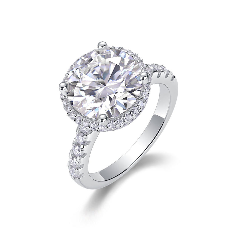 5ct moissanite halo ring front view - center stone surrounded by halo, platinum-plated 925 sterling silver