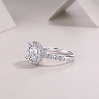 5ct moissanite halo ring on white background - product beauty shot, platinum-plated 925 sterling silver