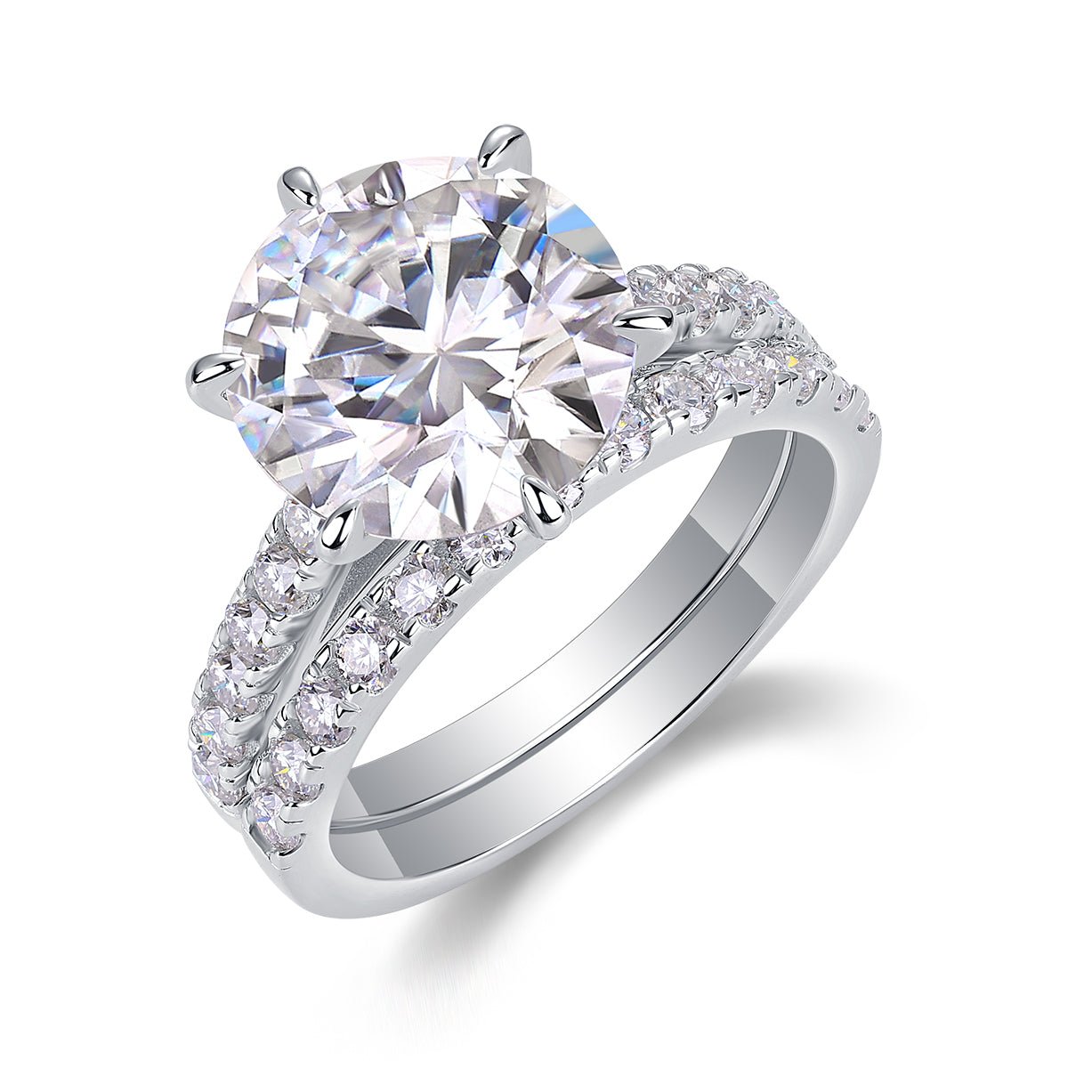 Bridal ring set side view - showing band profile and moissanite stone setting, 925 sterling silver
