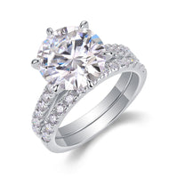 Bridal ring set side view - showing band profile and moissanite stone setting, 925 sterling silver