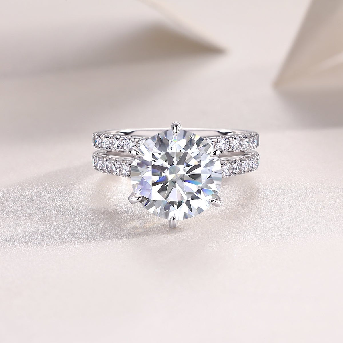 Bridal ring set detail shot - band edge and stone setting, 925 sterling silver