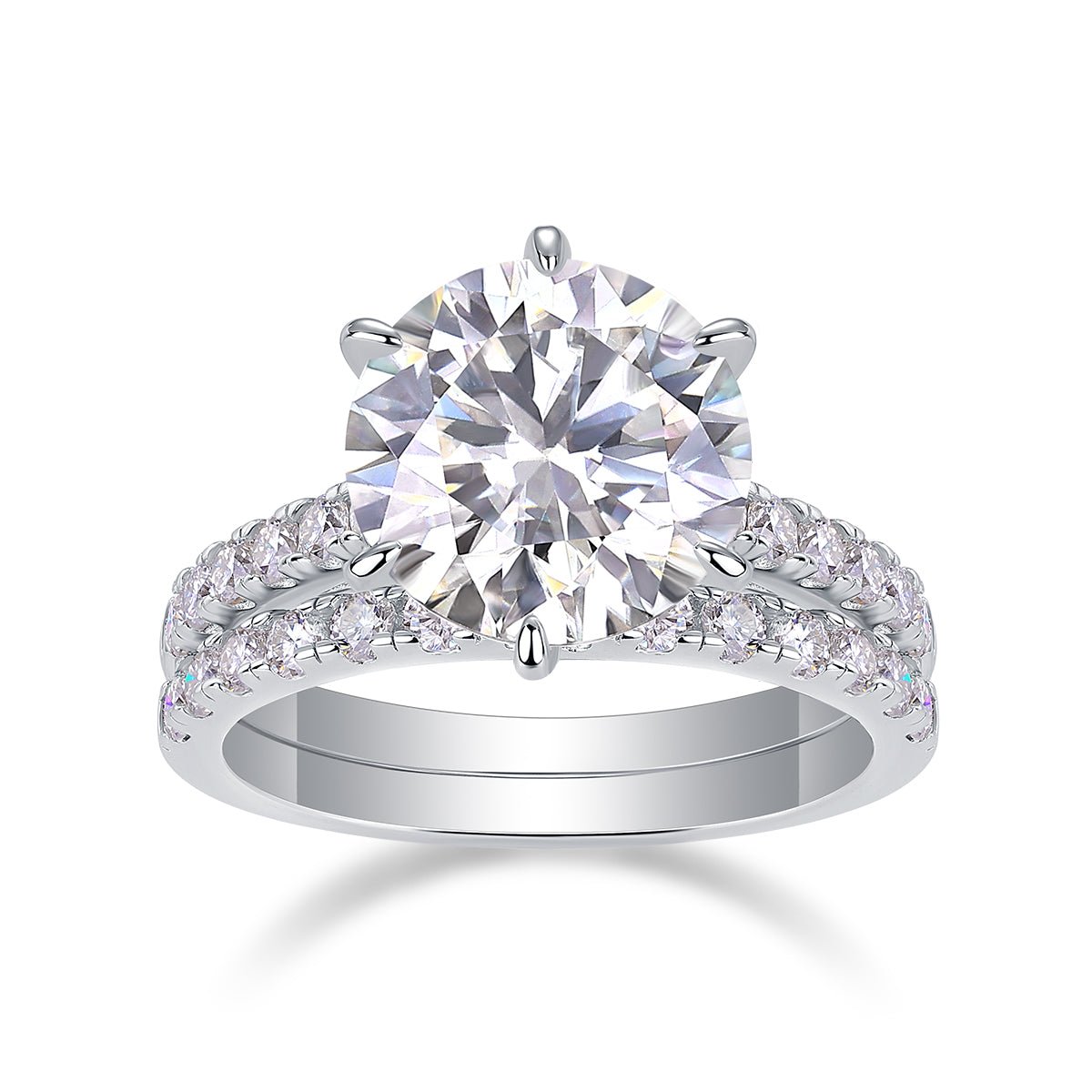 5ct moissanite bridal ring set on white background - product beauty shot, 925 sterling silver