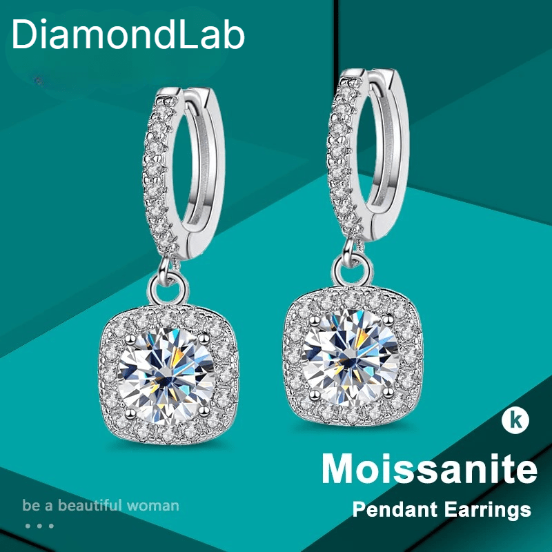 D Color VVS1 Moissanite Pendant Drop Earrings 925 Sterling Silver 18K White Gold Plated GRA Certified Round Cut - Diamond - Lab