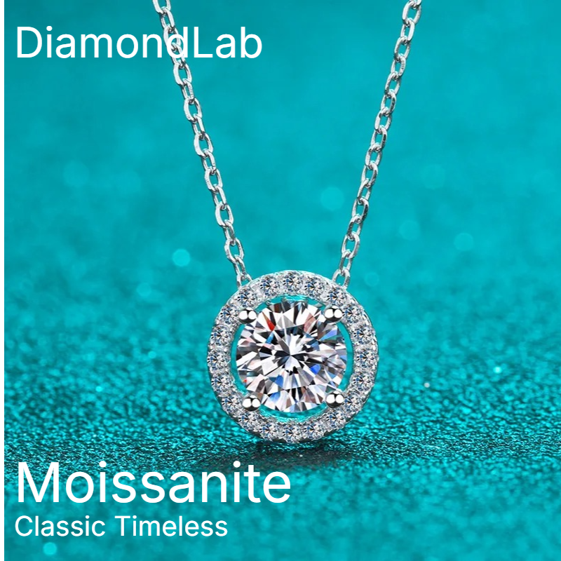 Classic Moissanite Necklace 925 Silver Round Pendant