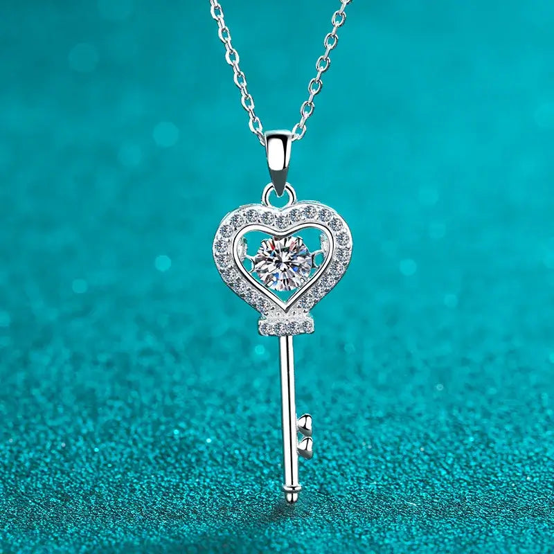 Diamond-Lab 0.5ct Moissanite Heart Key Pendant Necklace –love heart key moissanite necklace jewelry