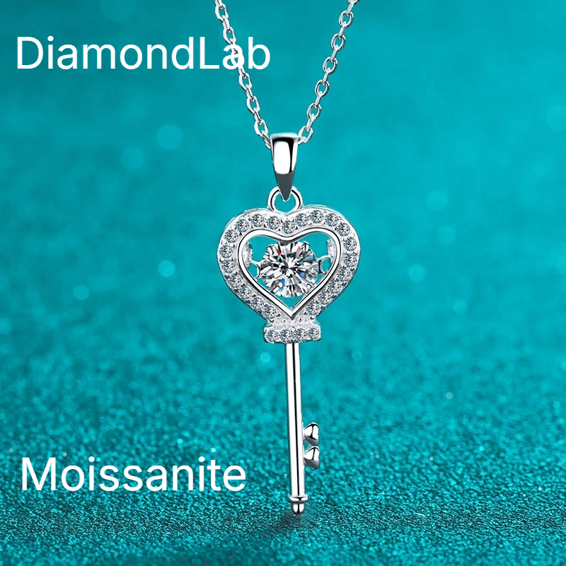 Key Heart Moissanite Necklace 925 Silver Classic Pendant