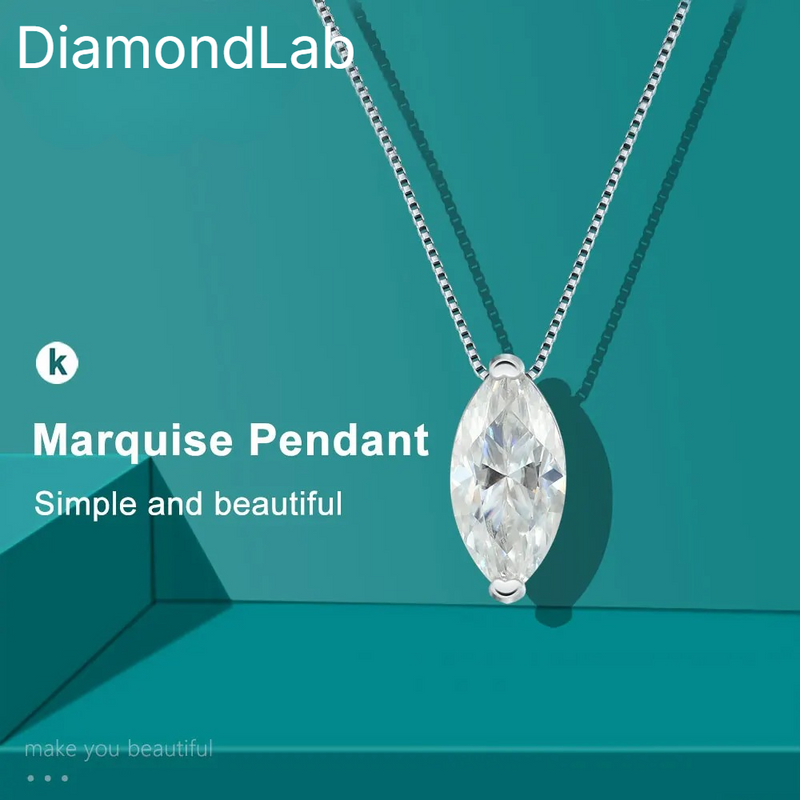 1ct Marquise Cut Moissanite Necklace 925 Sterling Silver 18k Gold Plated Chain VVS1 D Color with GRA Certificate