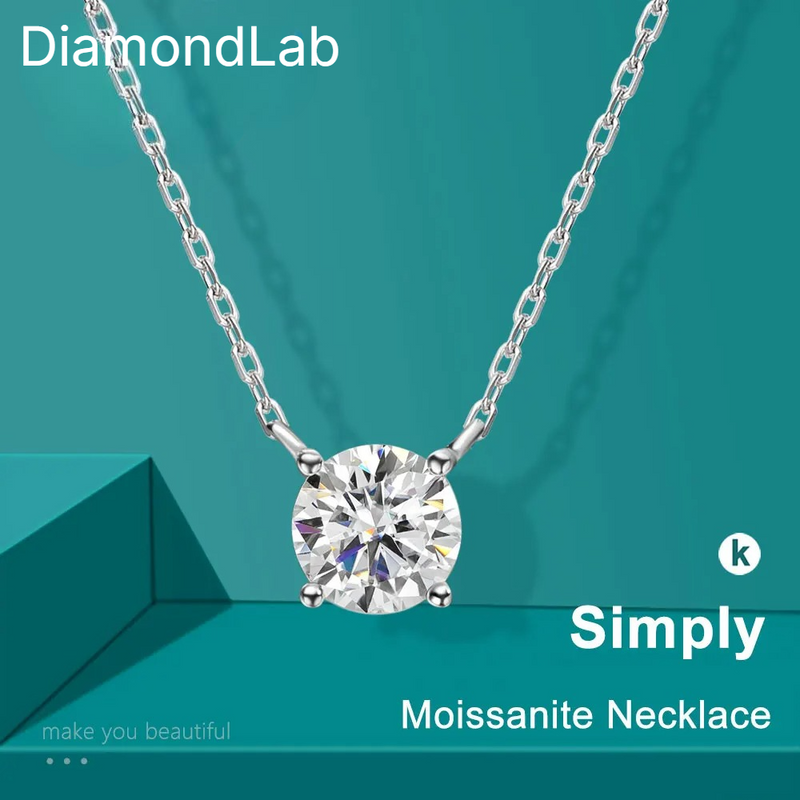 Diamond-Lab 1ct–2ct Moissanite Round Pendant Necklace – D Color VVS1, 925 Sterling Silver, Link Chain, GRA Certified Fine Jewelry for Women - Diamond-Lab