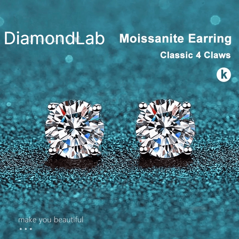 Diamond-Lab Crown Moissanite Stud Earrings – D Color VVS1, 925 Sterling Silver, Certified Round Cut, White Gold Plated - Diamond-Lab