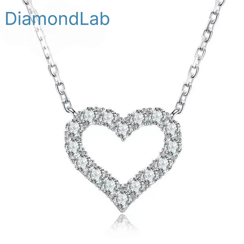 Diamond Lab heart pendant necklace with sparkling moissanite stones in sterling silver, perfect gift for women.