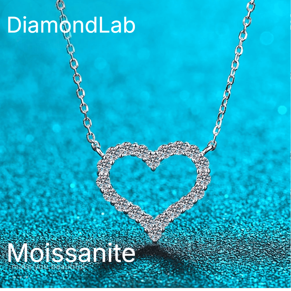DiamondLab Moissanite heart pendant necklace for women, featuring sparkling stones on a silver chain.