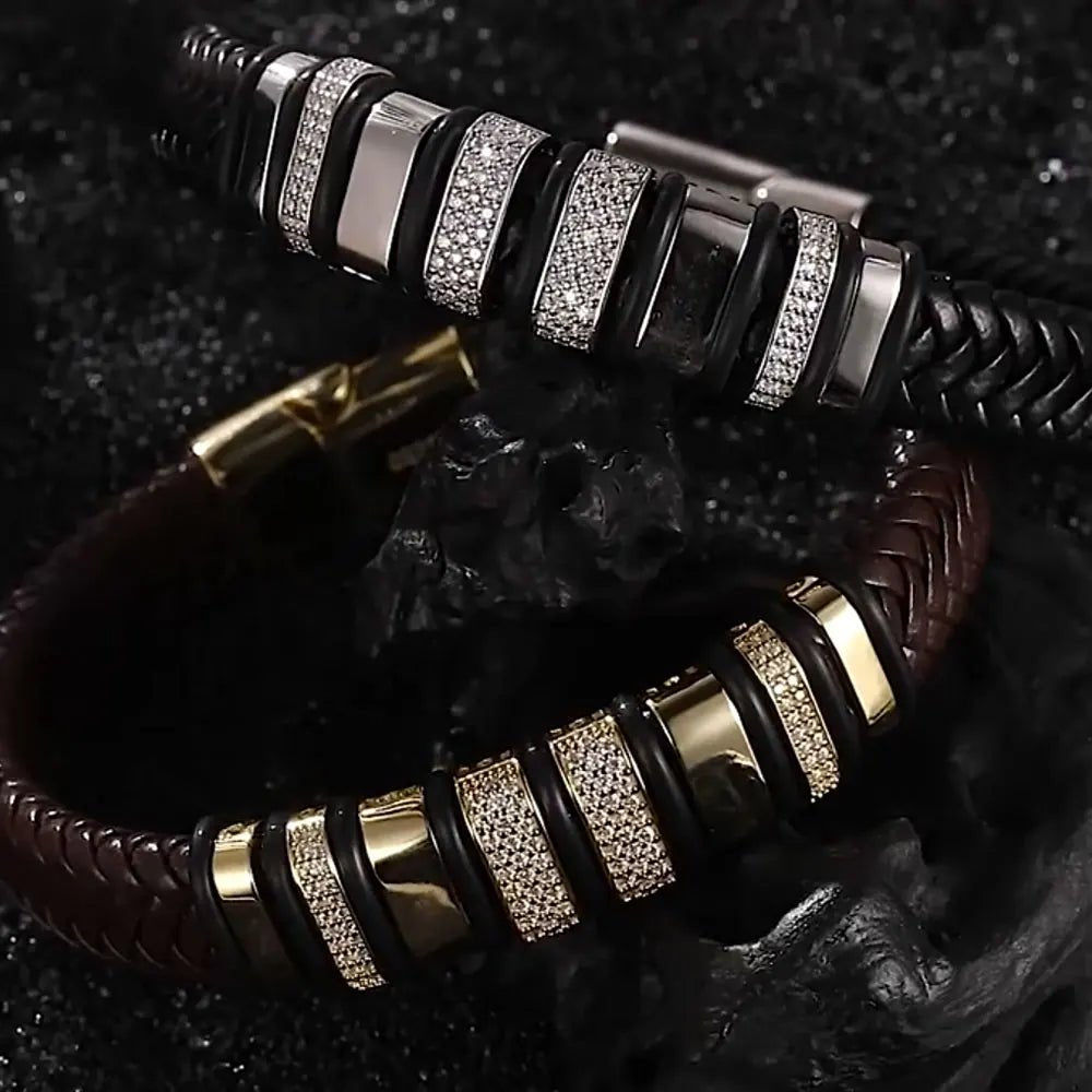 Leather Silver Bracelet Men 925 Sterling Silver 18k White Gold Plated Trendy Punk Fashion Design with GRA Certificate - Diamond - Lab