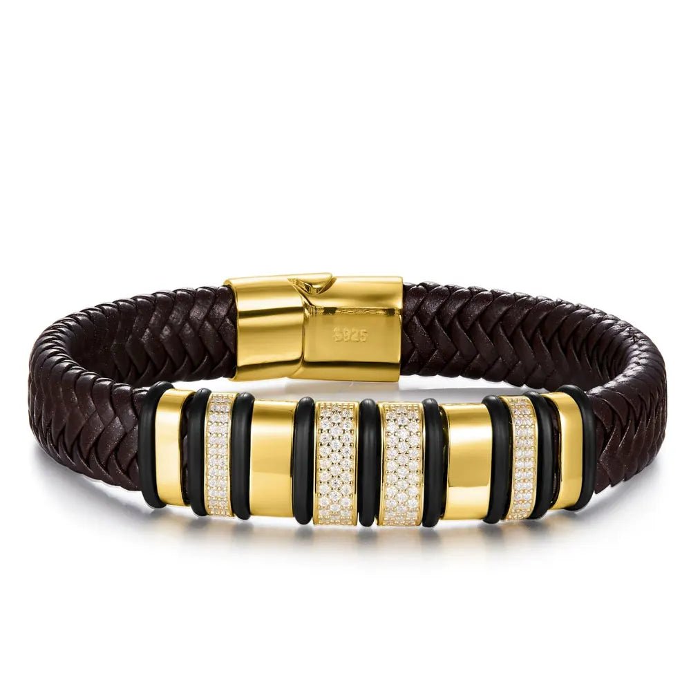 Leather Silver Bracelet Men 925 Sterling Silver 18k White Gold Plated Trendy Punk Fashion Design with GRA Certificate - Diamond - Lab