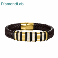 Leather Silver Bracelet Men 925 Sterling Silver 18k White Gold Plated Trendy Punk Fashion Design with GRA Certificate - Diamond - Lab