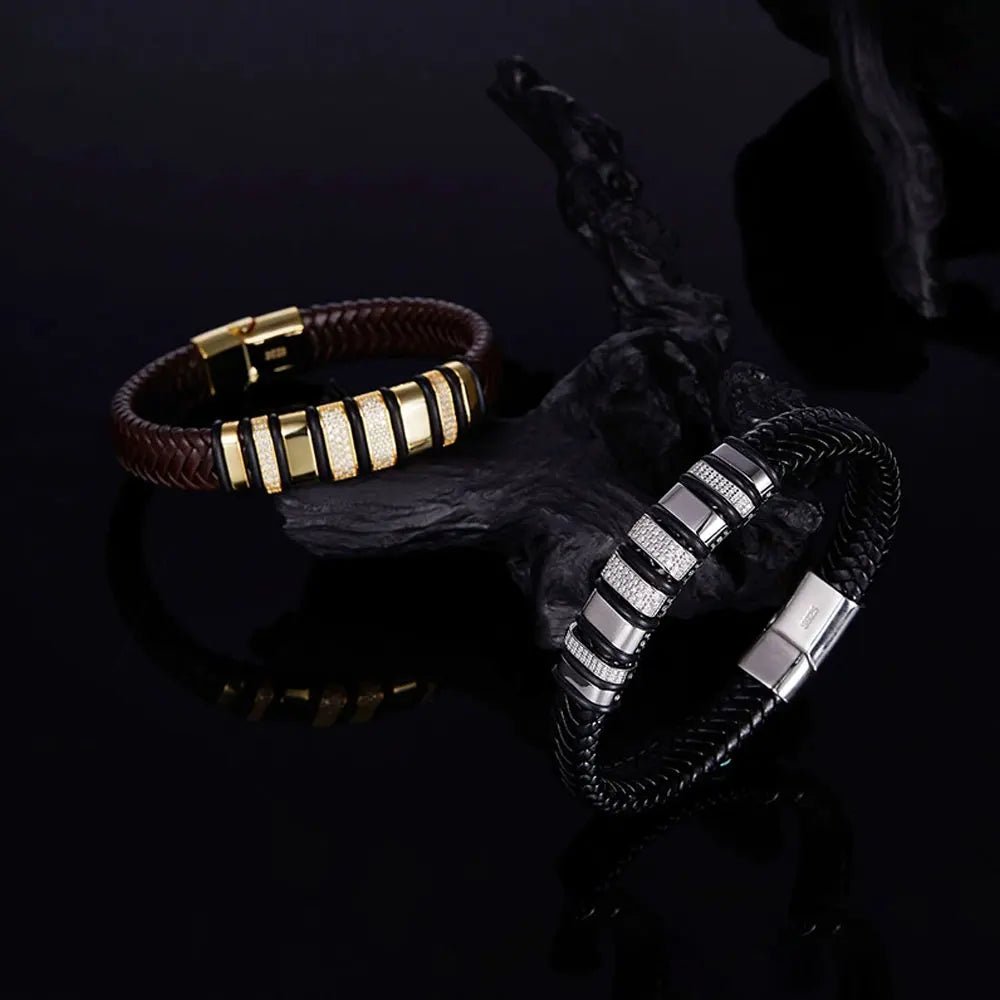 Leather Silver Bracelet Men 925 Sterling Silver 18k White Gold Plated Trendy Punk Fashion Design with GRA Certificate - Diamond - Lab