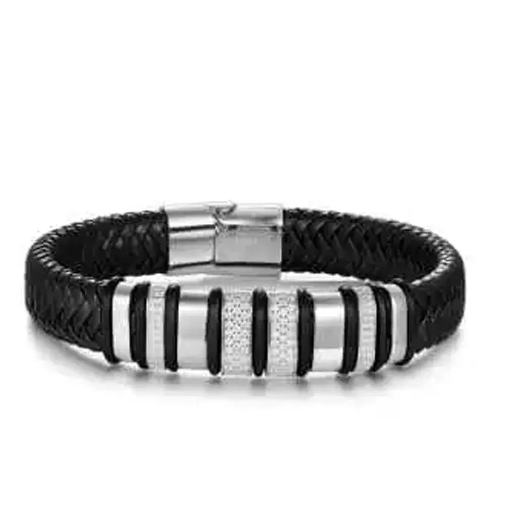 Leather Silver Bracelet Men 925 Sterling Silver 18k White Gold Plated Trendy Punk Fashion Design with GRA Certificate - Diamond - Lab