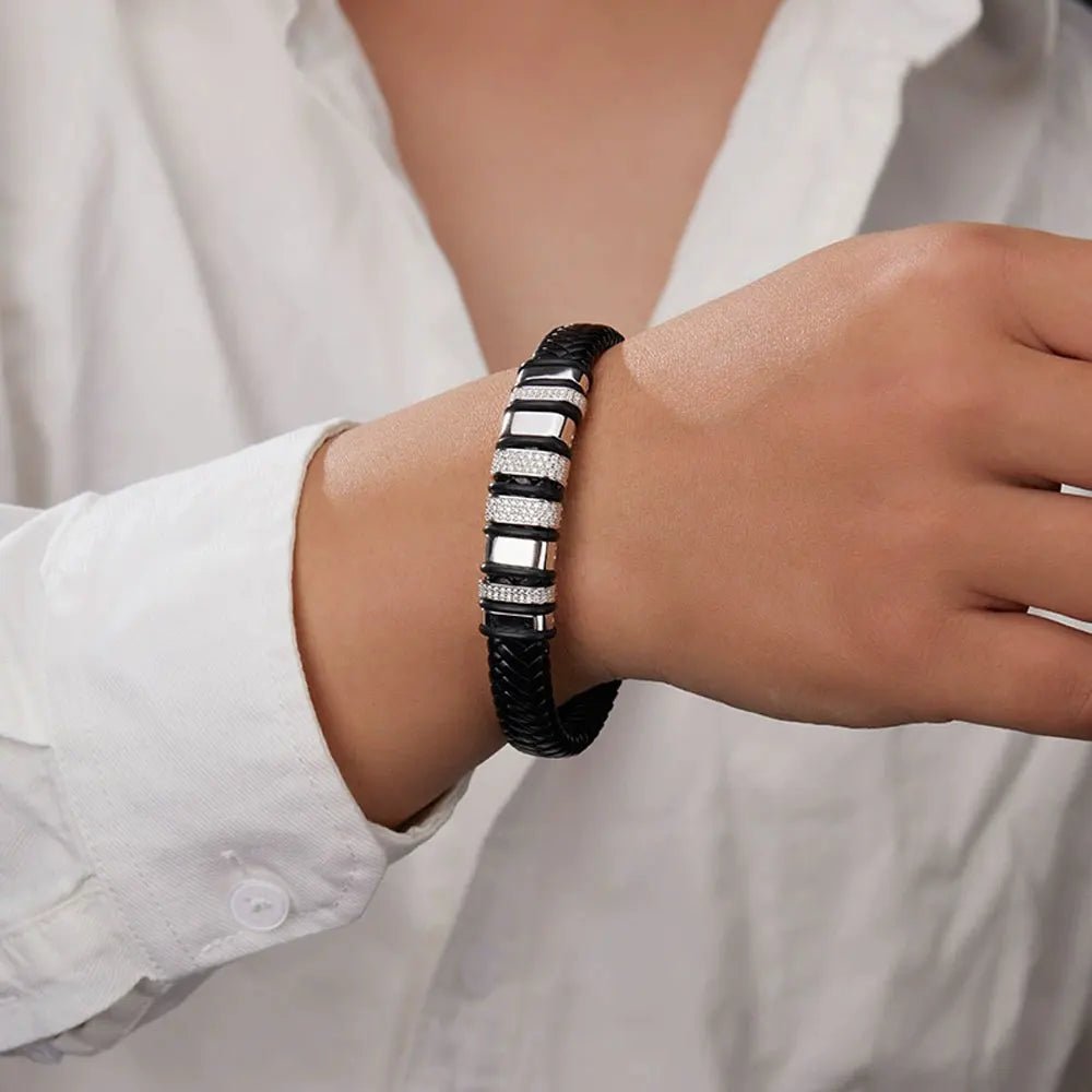 Leather Silver Bracelet Men 925 Sterling Silver 18k White Gold Plated Trendy Punk Fashion Design with GRA Certificate - Diamond - Lab