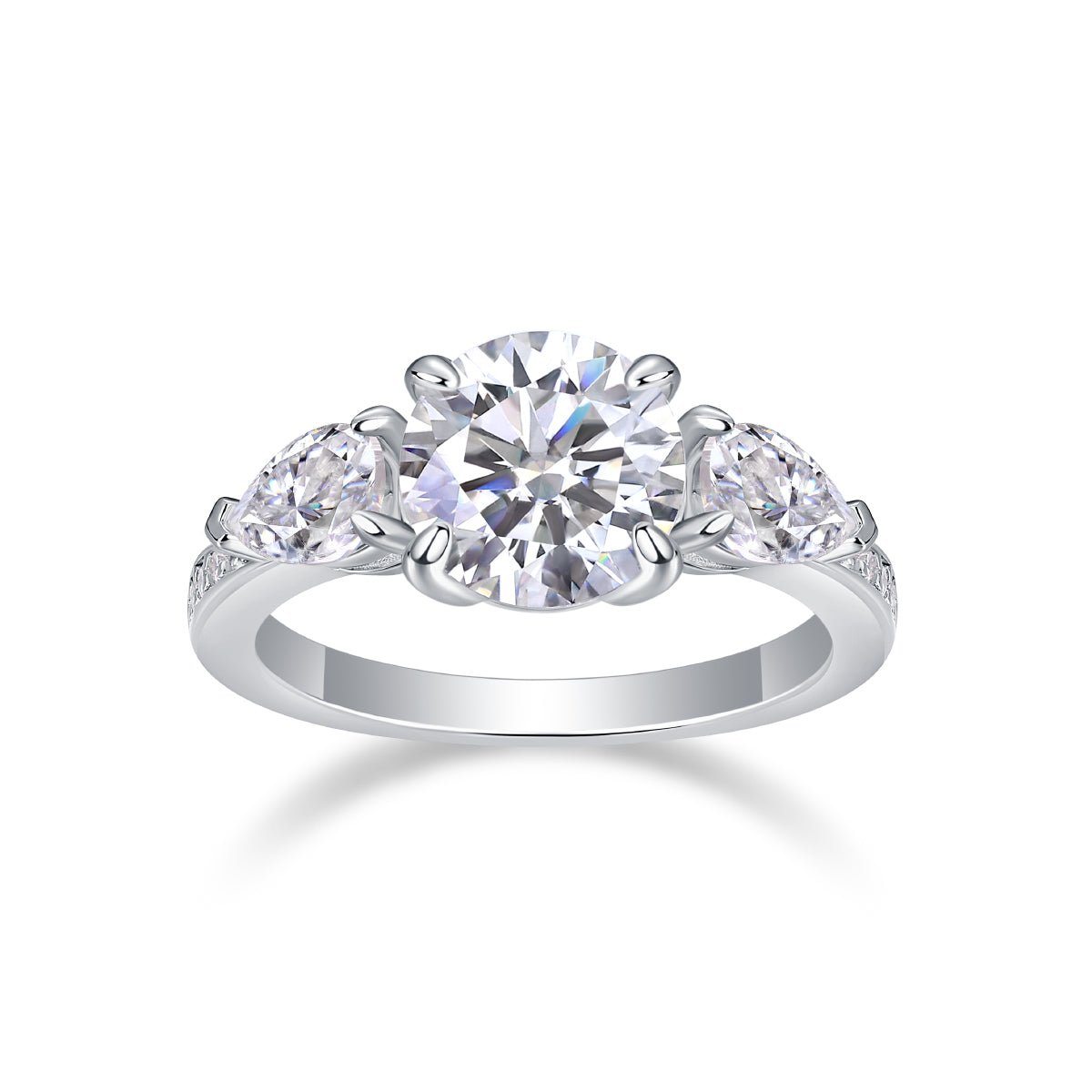 2ct moissanite three-stone engagement ring front view - center stone with two side stones, S925 silver