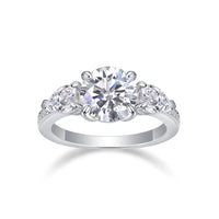 2ct moissanite three-stone engagement ring front view - center stone with two side stones, S925 silver