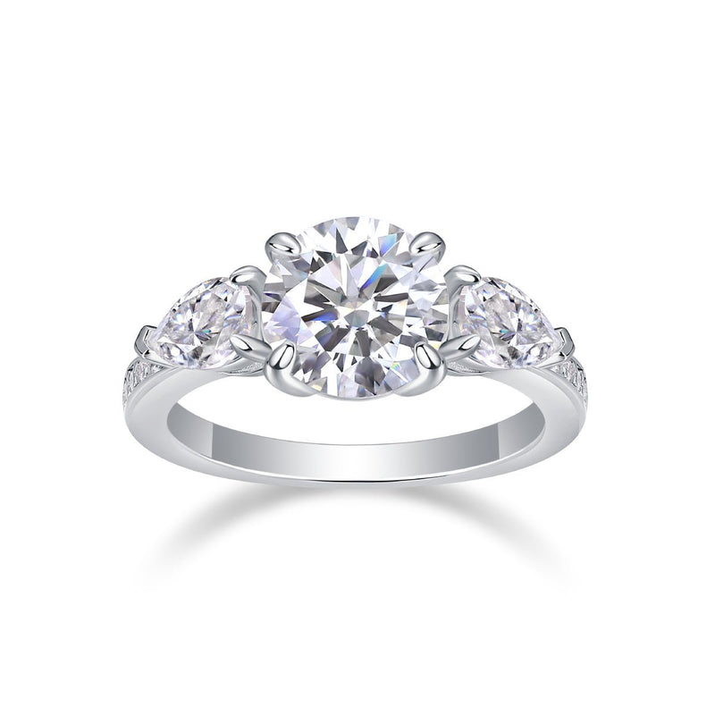 2ct moissanite three-stone engagement ring front view - center stone with two side stones, S925 silver