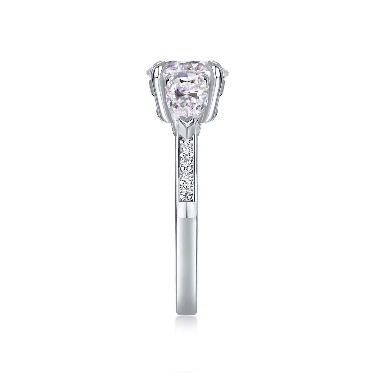 Three-stone engagement ring on white background - product beauty shot, S925 sterling silver