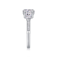 Three-stone engagement ring on white background - product beauty shot, S925 sterling silver