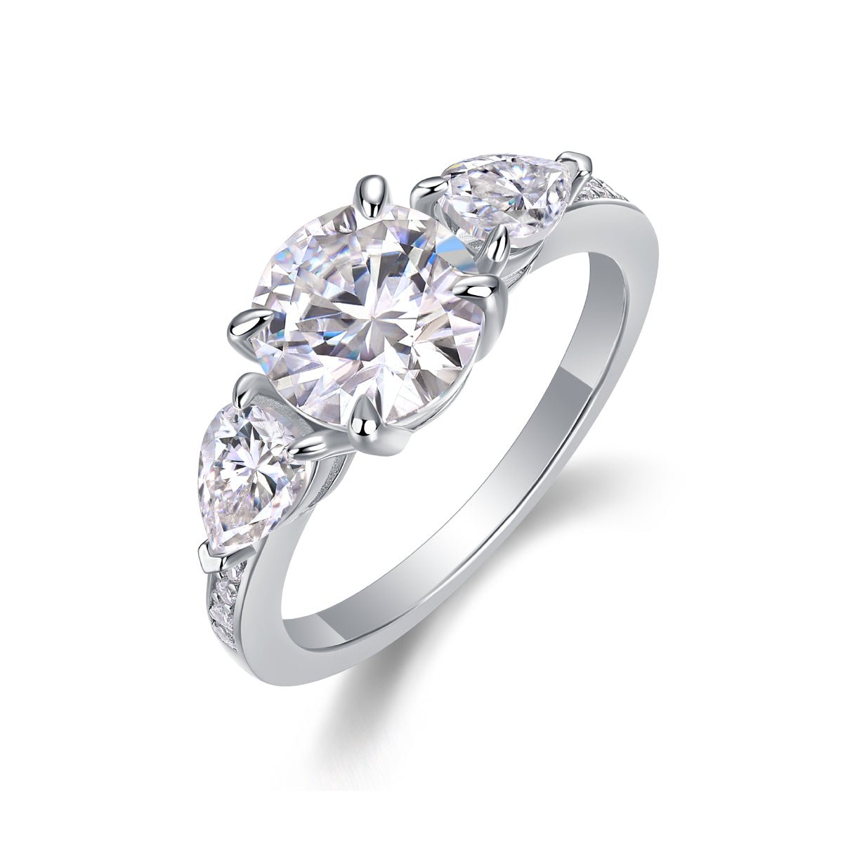 Close-up of three-stone ring center stone - brilliant cut sparkle, S925 sterling silver