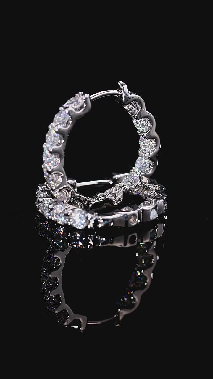 D color VVS1 moissanite hoop earrings in 925 sterling silver with white gold plating, showcasing brilliant sparkle and elegant hoop design.