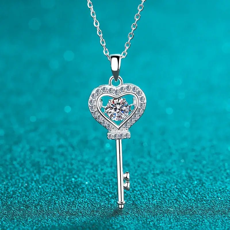 Romantic key heart moissanite necklace in 925 sterling silver with classic pendant design. VVS1 D color 0.5ct stone with GRA certificate party jewelry. - Diamond - Lab