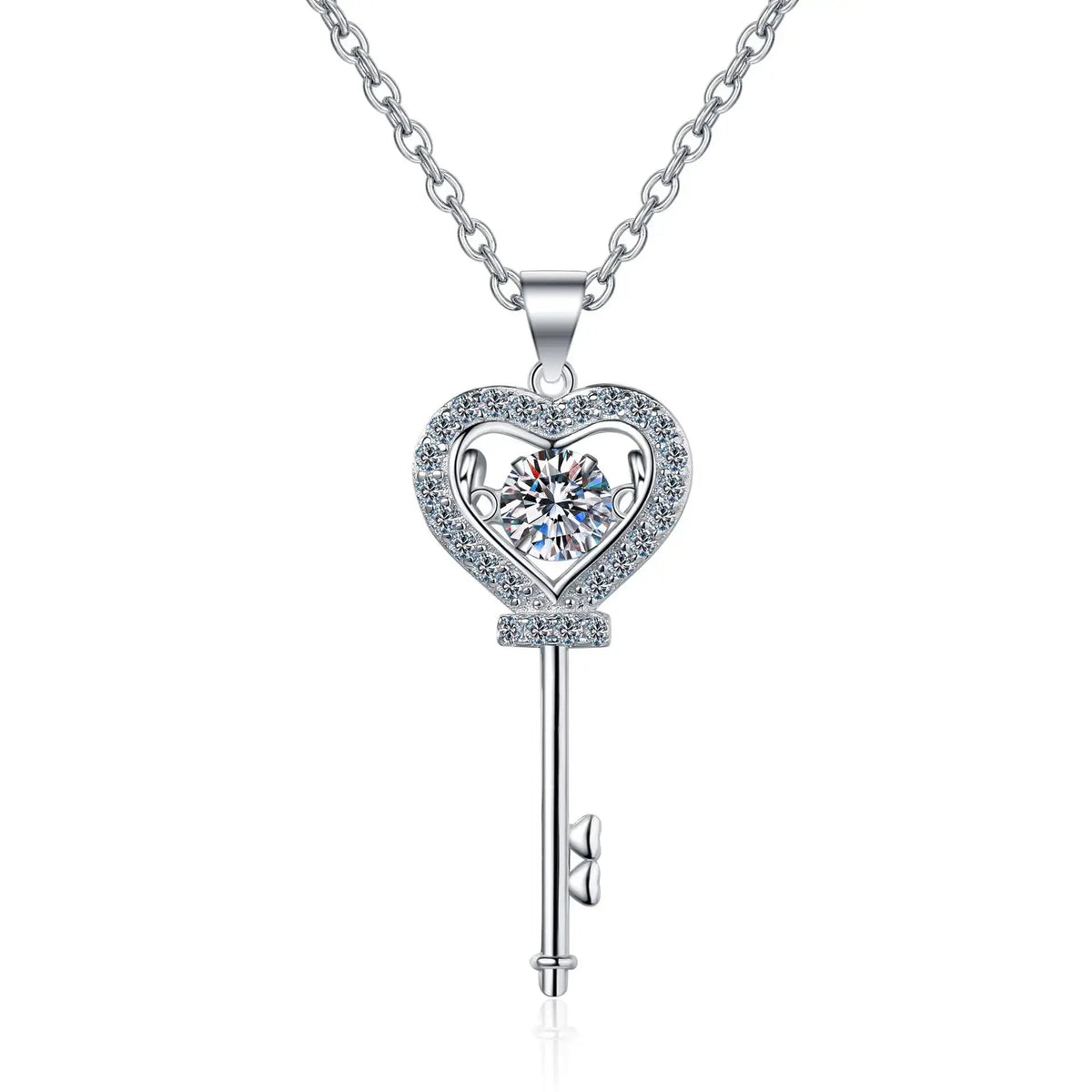Romantic key heart moissanite necklace in 925 sterling silver with classic pendant design. VVS1 D color 0.5ct stone with GRA certificate party jewelry. - Diamond - Lab